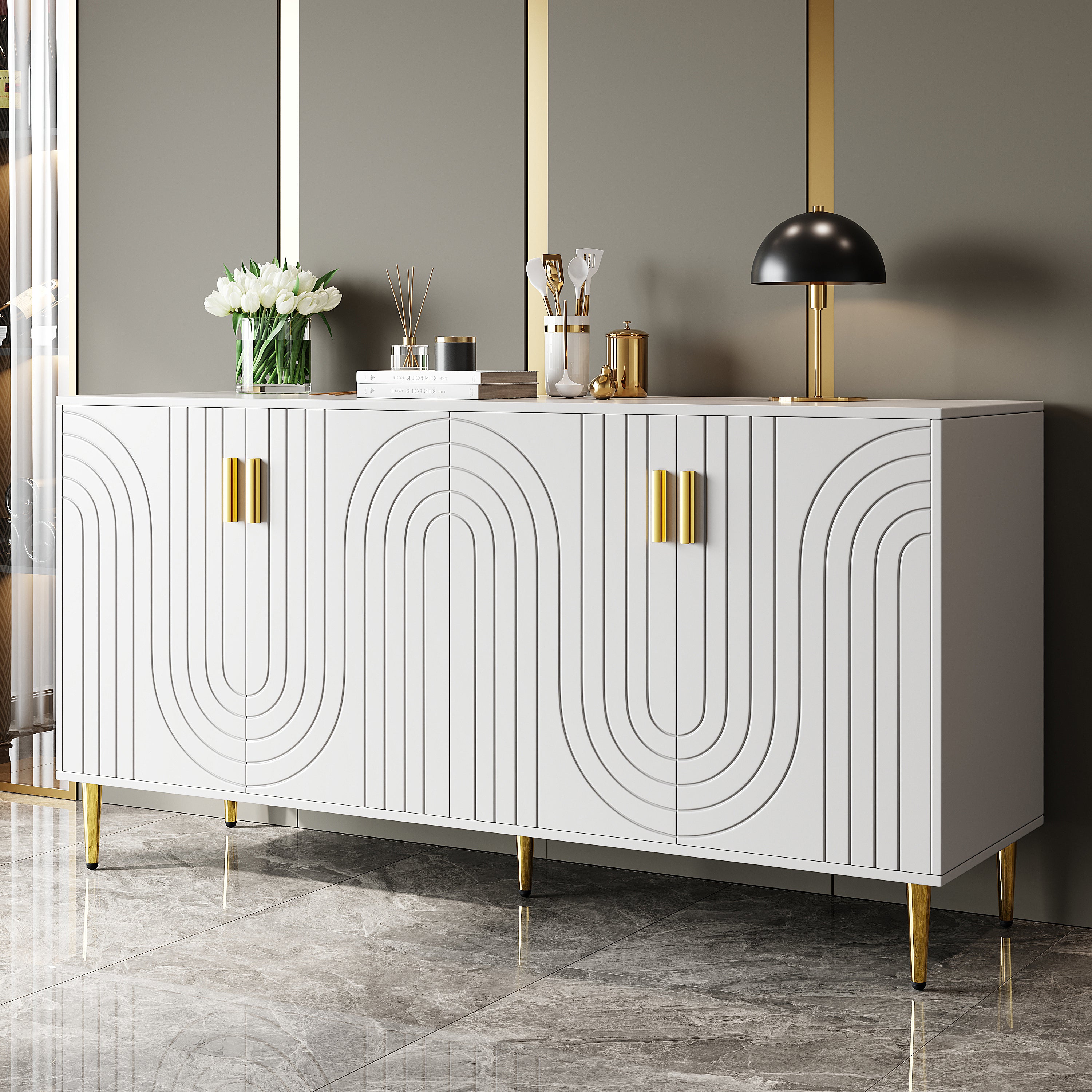 Credenza bianca 152 x 40 x 75 cm con esclusivo design ondulato e maniglie e piedini dorati, per creare un'elegante zona pranzo