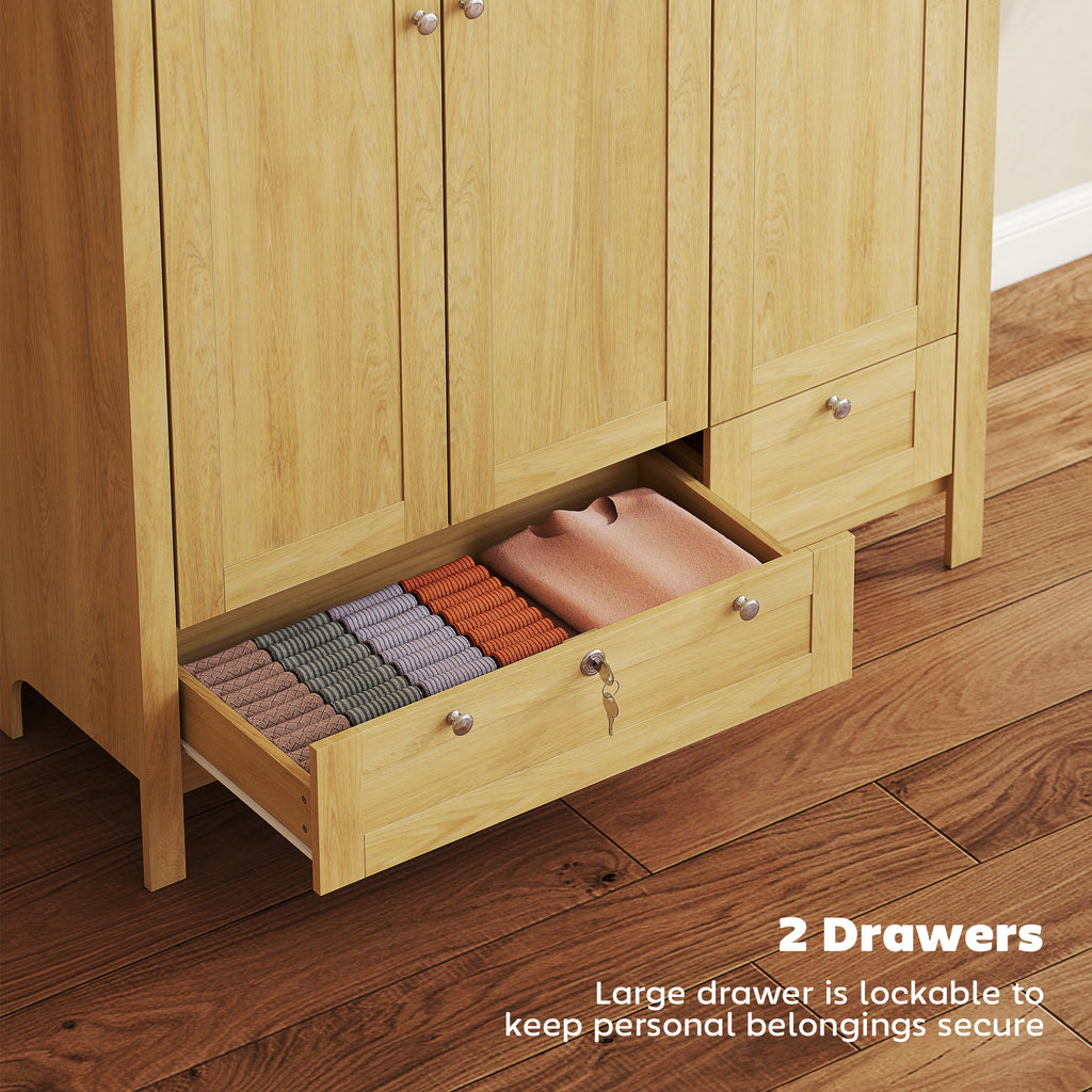 3 Doors Wardrobe Closet with 2 Drawers, Bedroom Armoire with Lockable Drawer, Hanging Rod and Storage Shelves, Natural