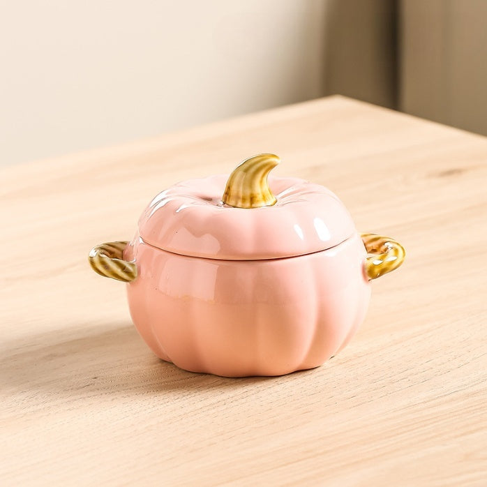 Pumpkin-shaped Binaural Ceramic Soup Bowl With Lid