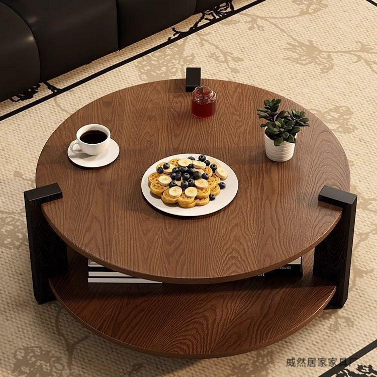 Tavolino da caffè circolare piccolo in legno massello color noce nero in stile antico medio