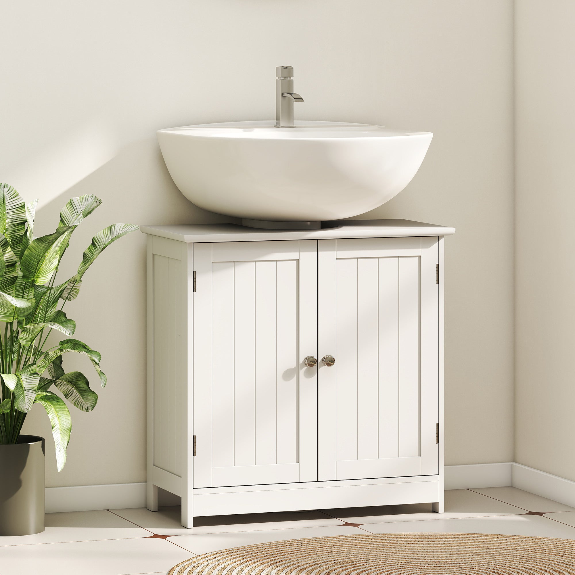 Mobiletto sottolavabo per bagno con 2 ripiani, mobiletto portaoggetti in legno - Bianco