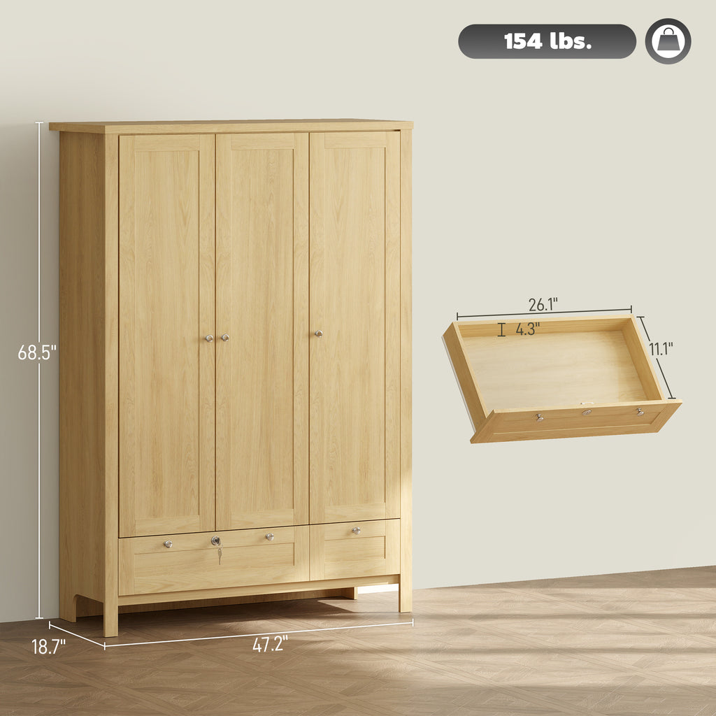 3 Doors Wardrobe Closet with 2 Drawers, Bedroom Armoire with Lockable Drawer, Hanging Rod and Storage Shelves, Natural