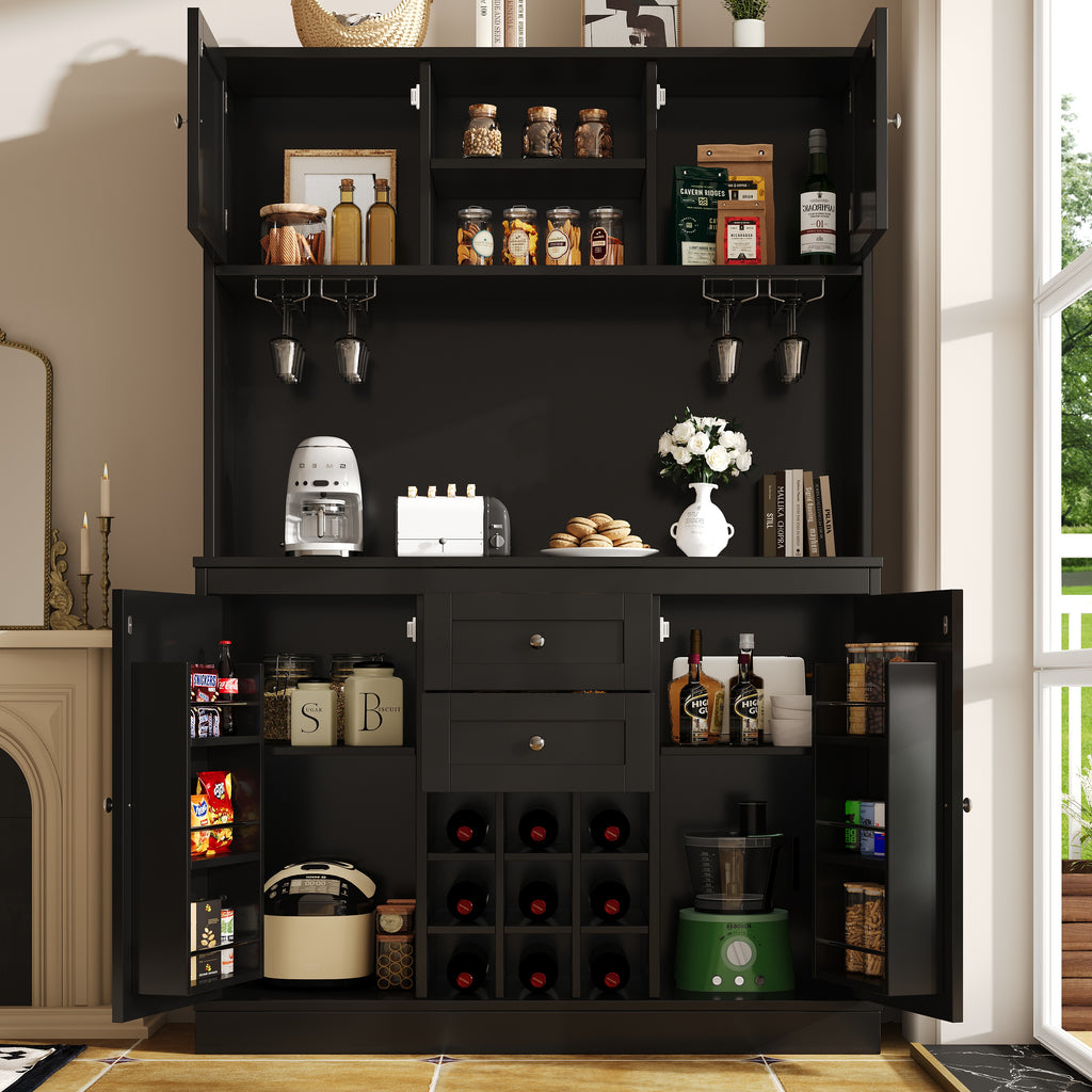 Mobile da cucina con ripiani regolabili e portabottiglie, mobile da cucina alto con 4 ante e 2 cassetti, credenza per cucina e soggiorno, mobile buffet, bianco