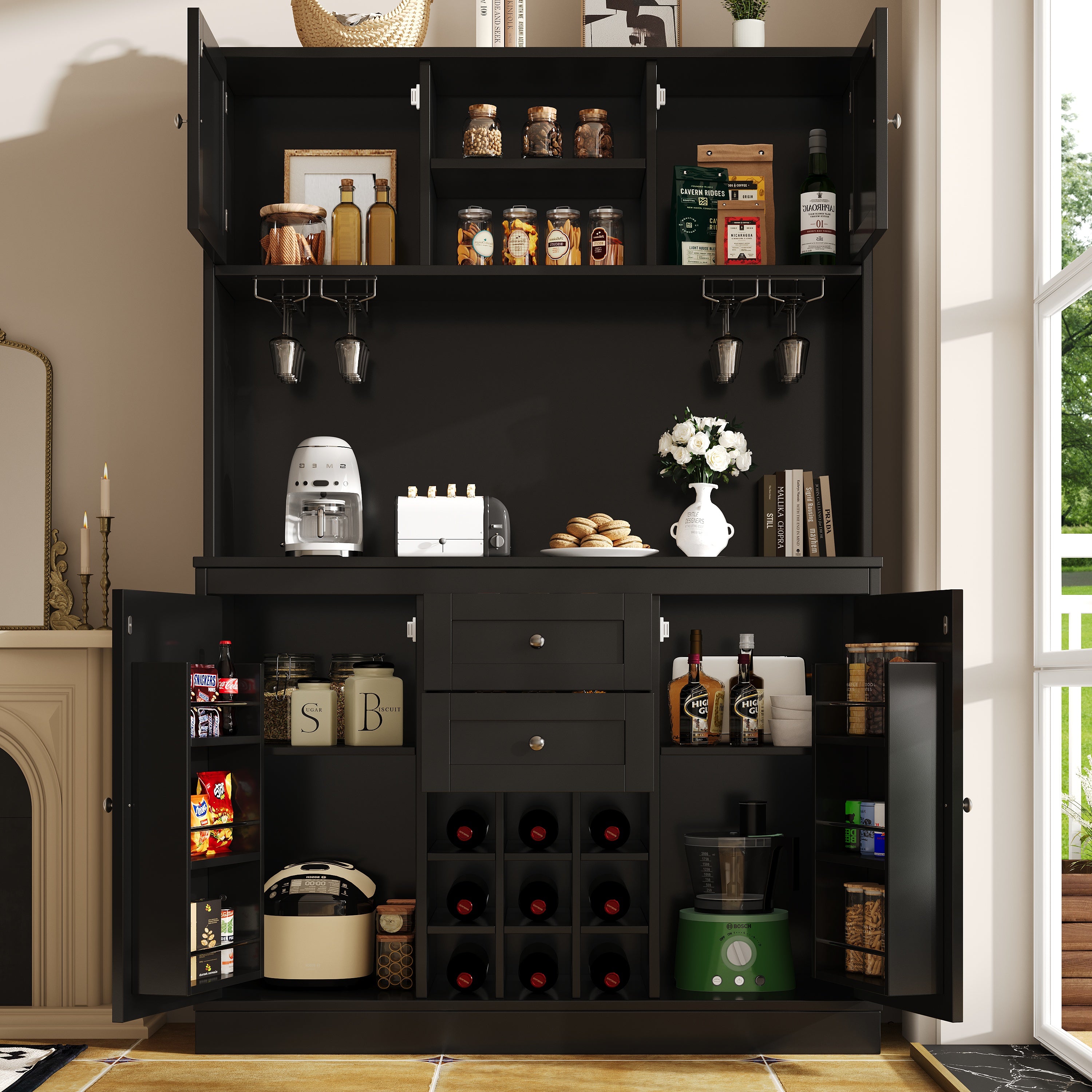 Mobile da cucina con ripiani regolabili e portabottiglie, mobile da cucina alto con 4 ante e 2 cassetti, credenza per cucina e soggiorno, mobile buffet, bianco