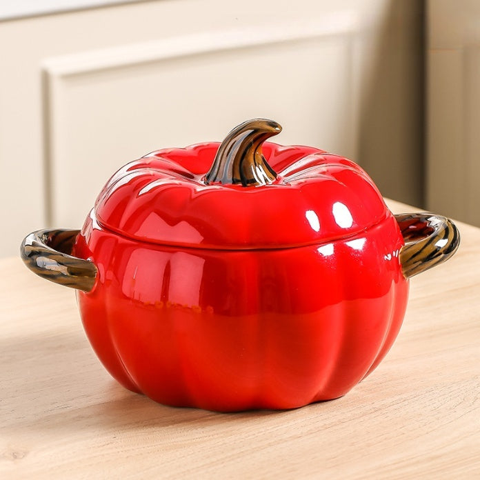 Pumpkin-shaped Binaural Ceramic Soup Bowl With Lid