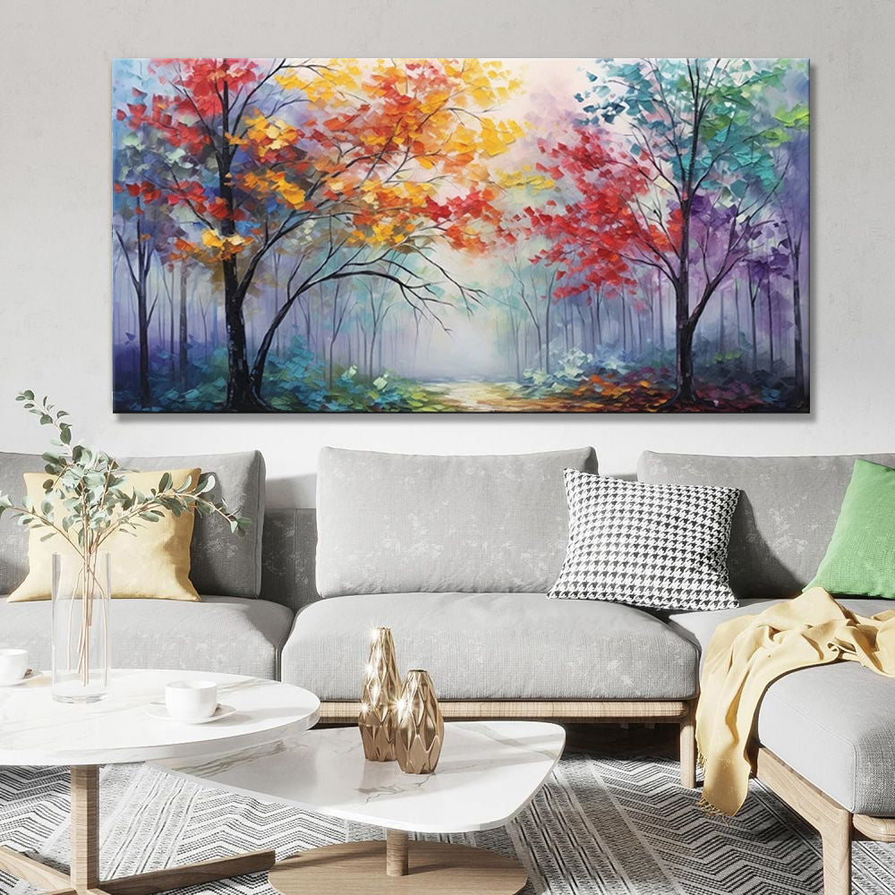 Colorful Abstract Tree Thick Oil Painting Hand Painted Forest Late Autumn Morning View Canvas Modern Artwork Landscape Wall Art For Home Decor
