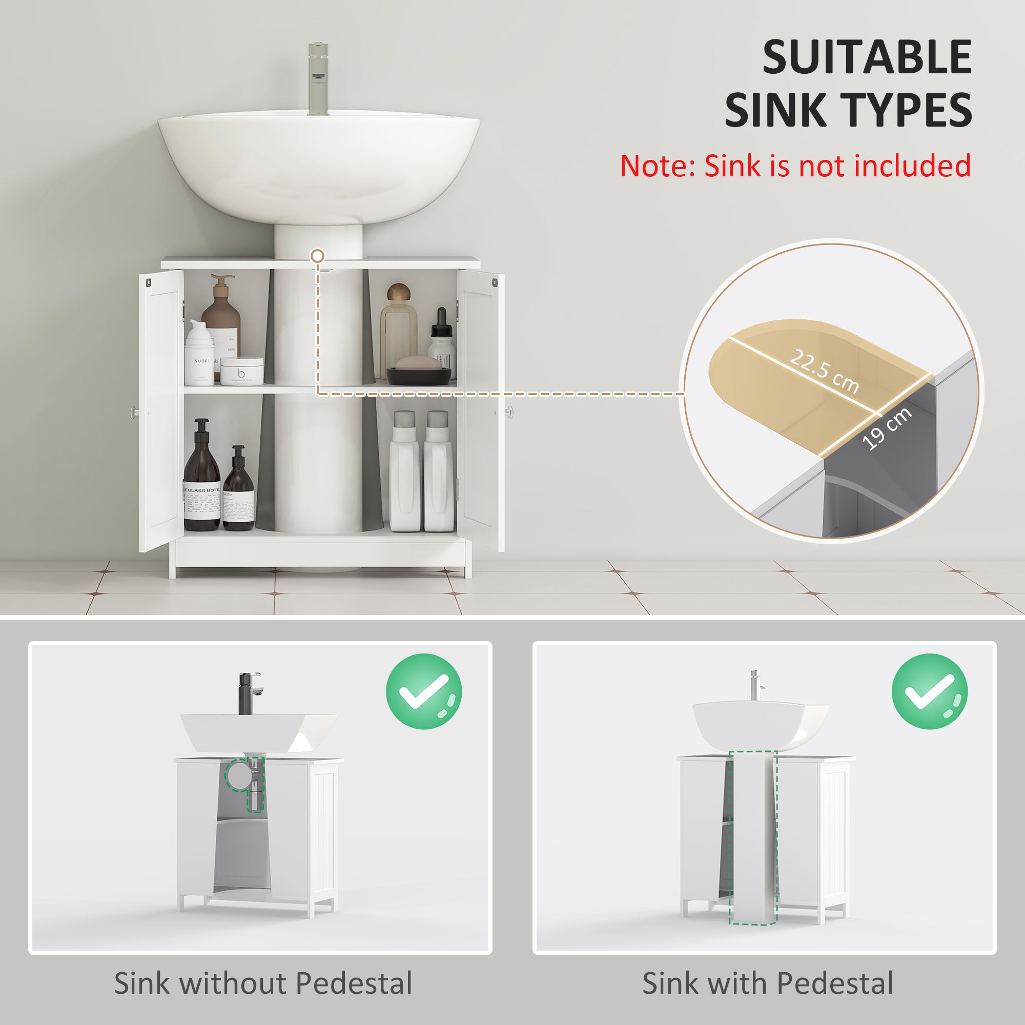 Mobiletto sottolavabo per bagno con 2 ripiani, mobiletto portaoggetti in legno - Bianco