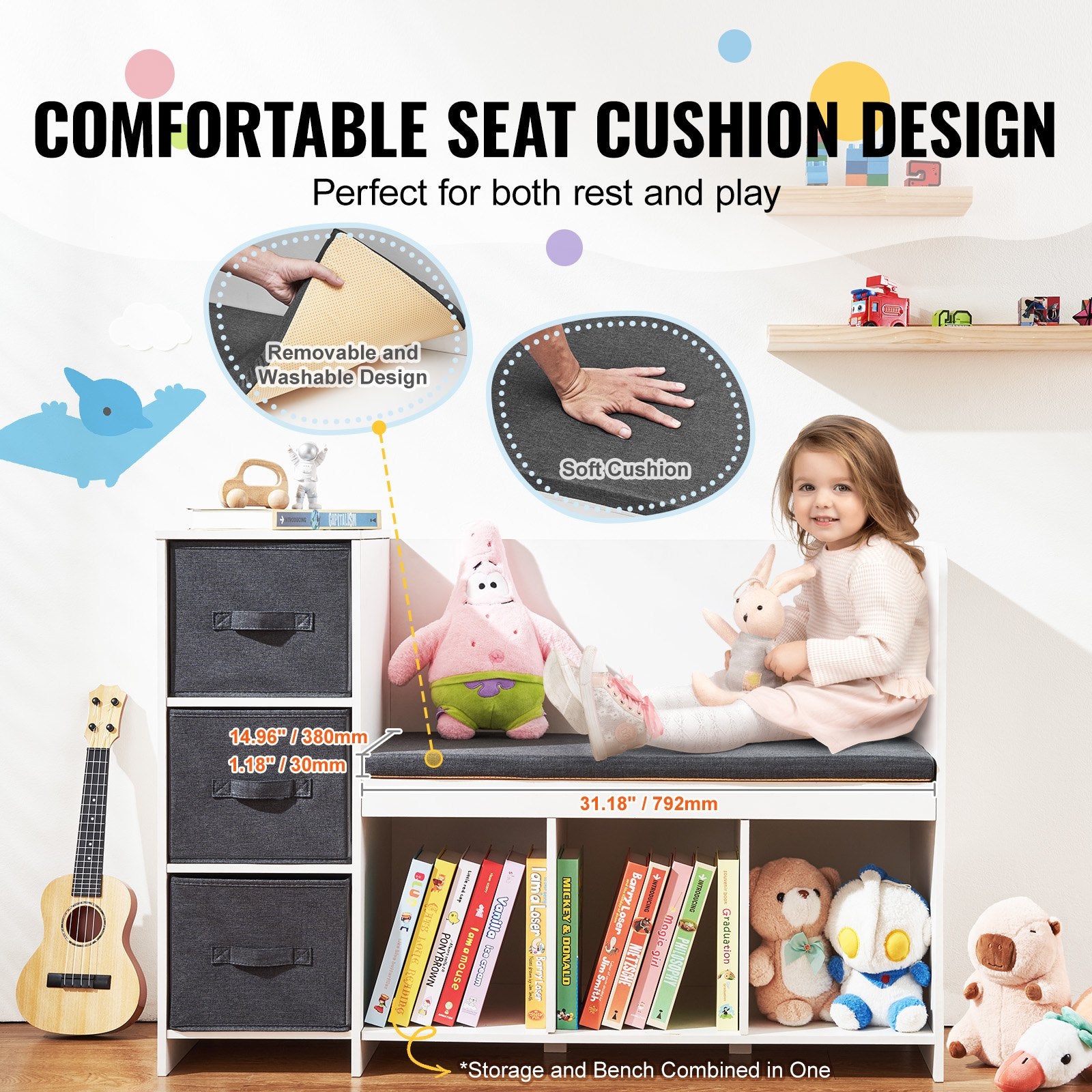 Panca per bambini con angolo lettura, libreria e scaffale per bambini piccoli con cuscino di seduta staccabile, panca con 6 scomparti e 3 cassetti, ideale per sala giochi, camera da letto, soggiorno o ingresso, bianco