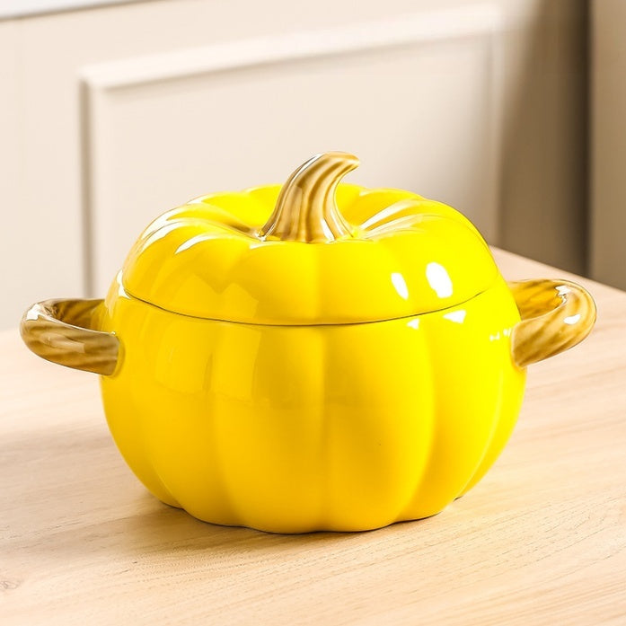 Pumpkin-shaped Binaural Ceramic Soup Bowl With Lid