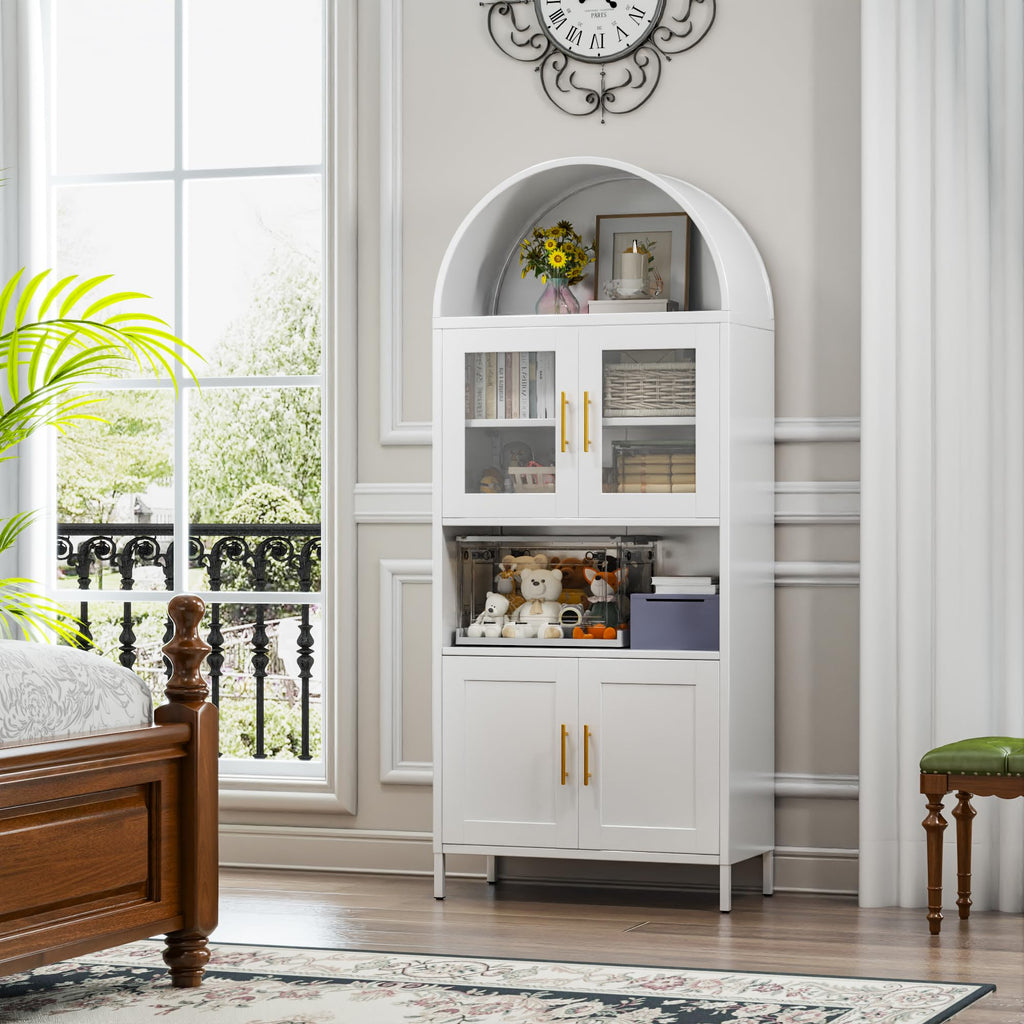 Mobiletto ad arco in metallo alto 73 pollici, mobile dispensa da cucina con anta in vetro, libreria ad arco moderna in stile fattoria con 2 ripiani regolabili per soggiorno, bianco, montaggio richiesto