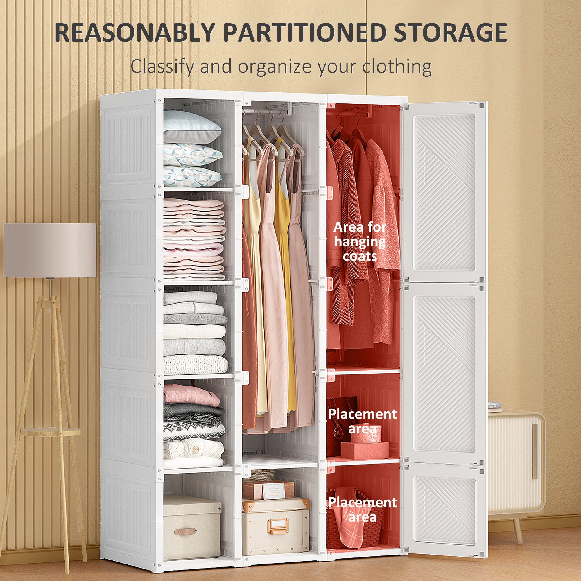 Armadio guardaroba portatile, organizer pieghevole per riporre i vestiti con 8 scomparti a cubo, 2 aste appendiabiti, 11 ante magnetiche, bianco