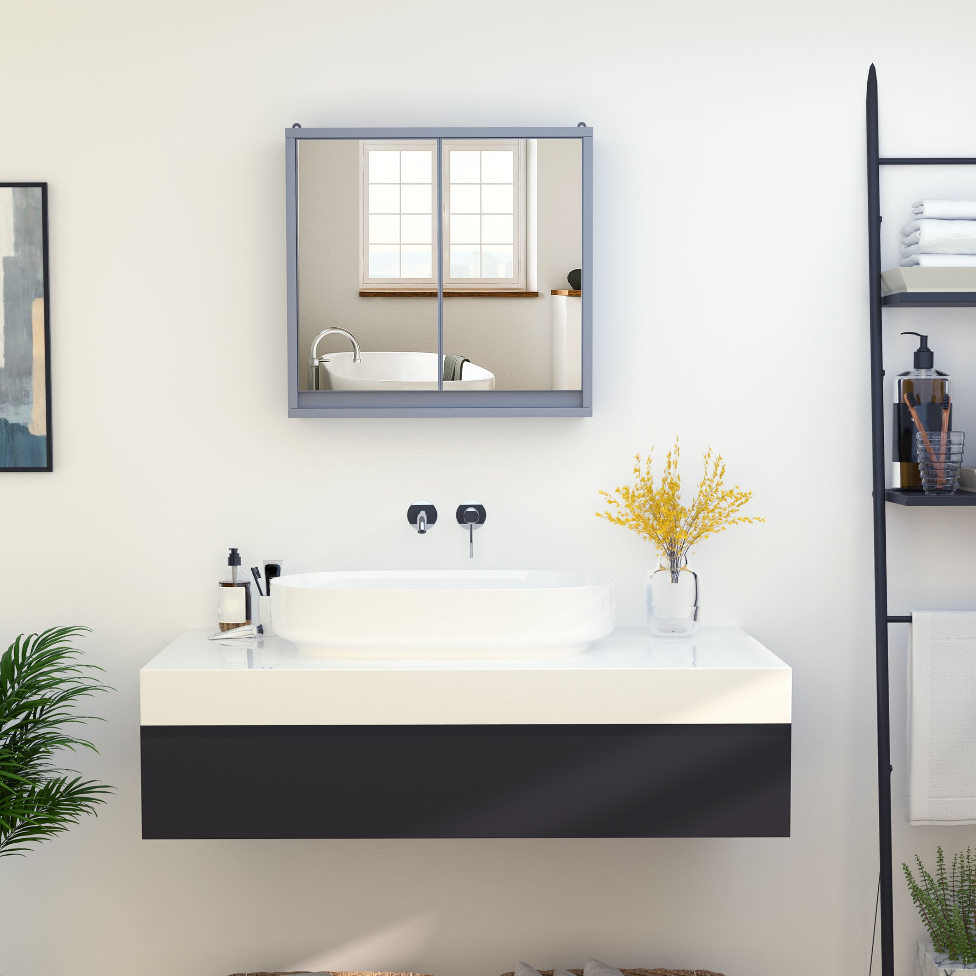 Mobiletto a specchio da parete con ripiano portaoggetti, mobiletto da bagno a doppia anta, grigio