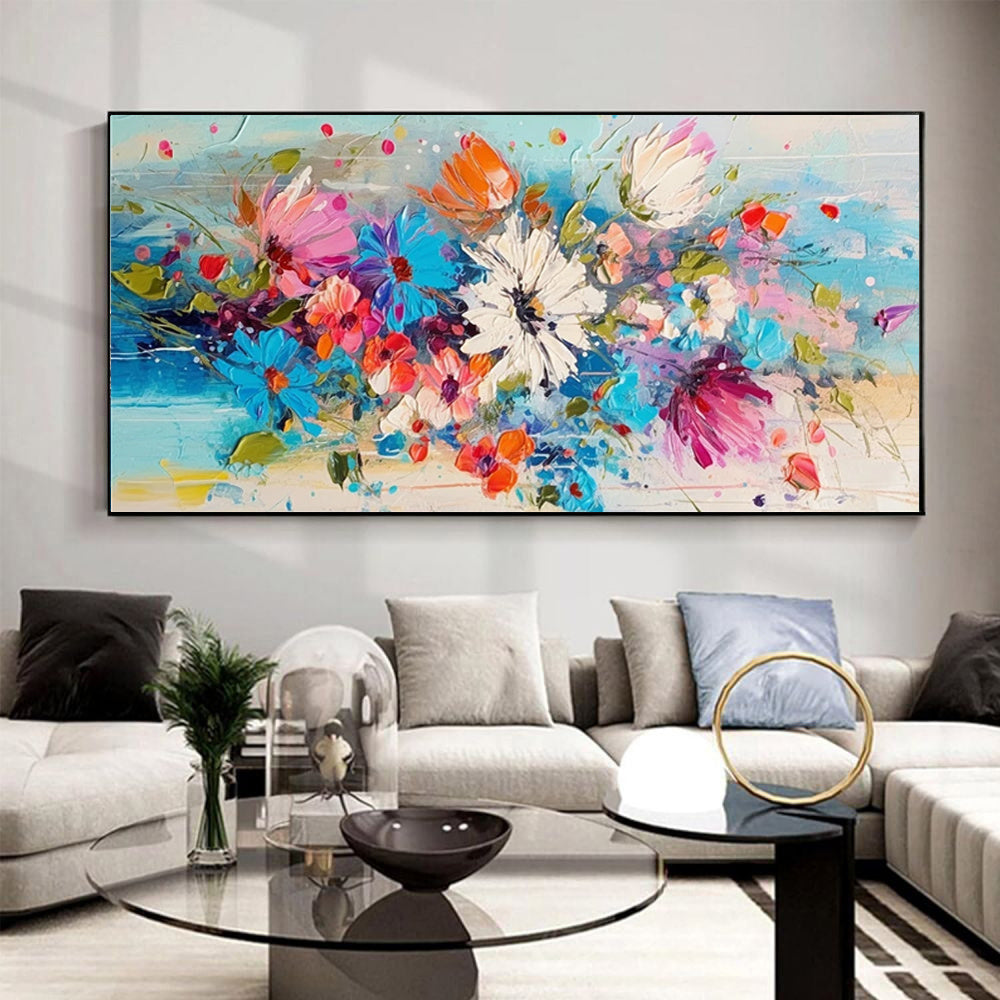 Beautiful Colorful Spring Flowers Knife Thick Oil Painting Handpainted Large Blue Florals Canvas Wall Art Modern Artwork Decor