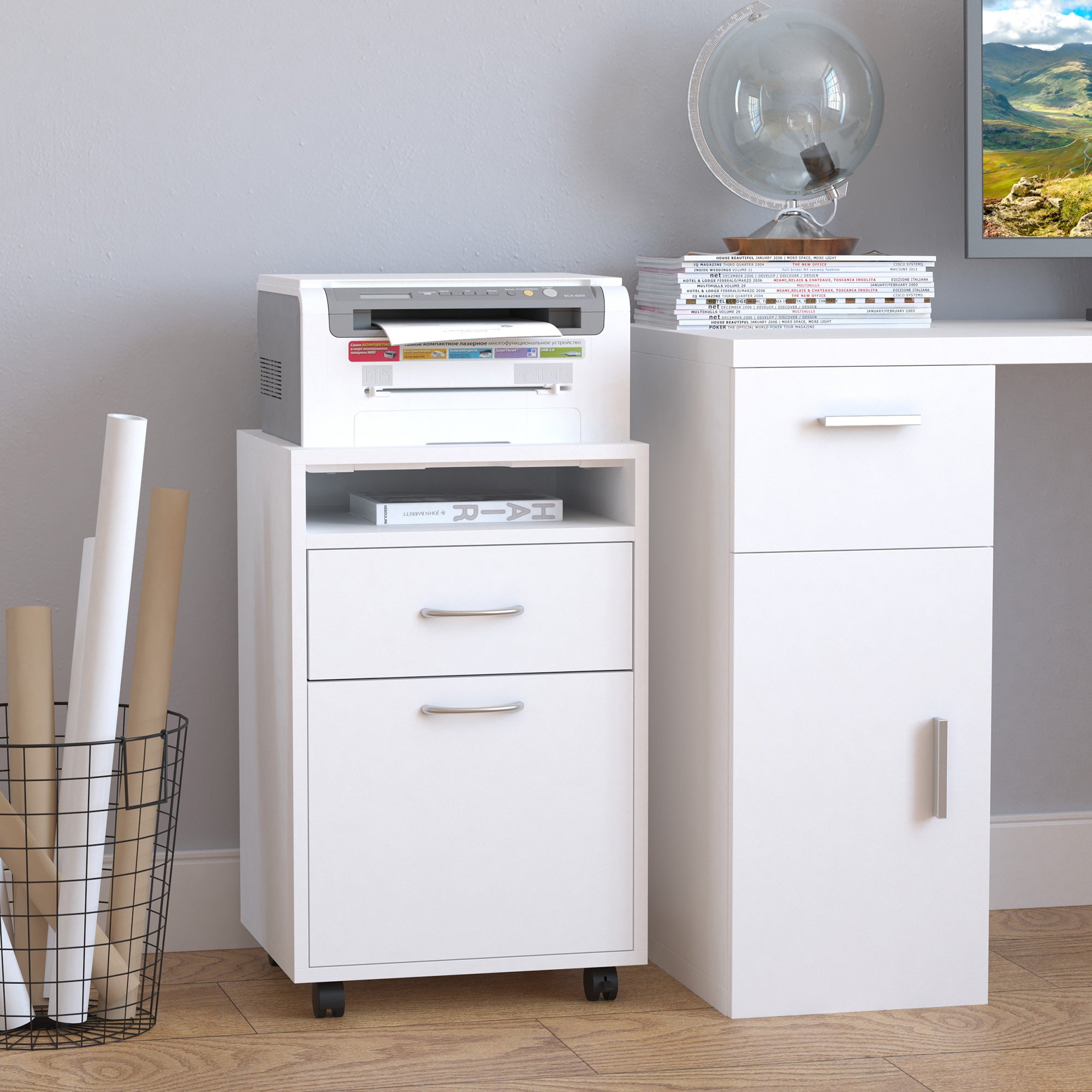 Mobiletto portaoggetti mobile con cassetto e mobiletto, supporto per stampante con ruote, bianco