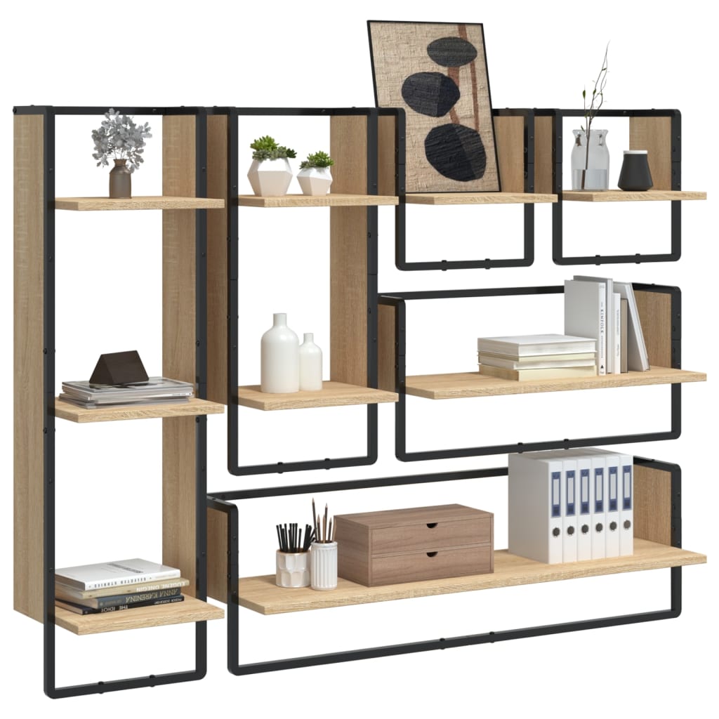Set di 6 mensole da parete con aste, legno composito di rovere Sonoma