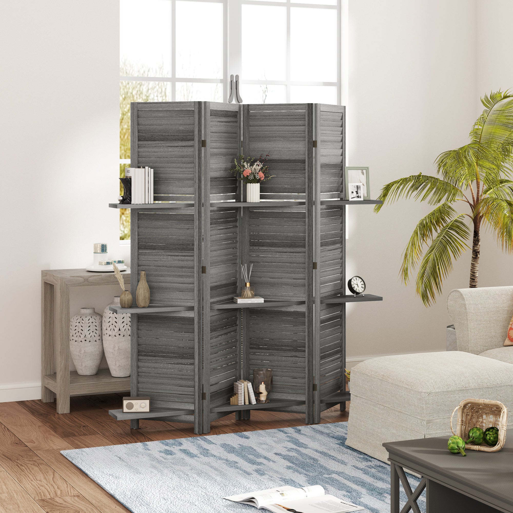 4 Panel 67" Tall Wood Privacy Screen Room Divider with 3 Shelves and Folding Storage for Bedroom, Gray