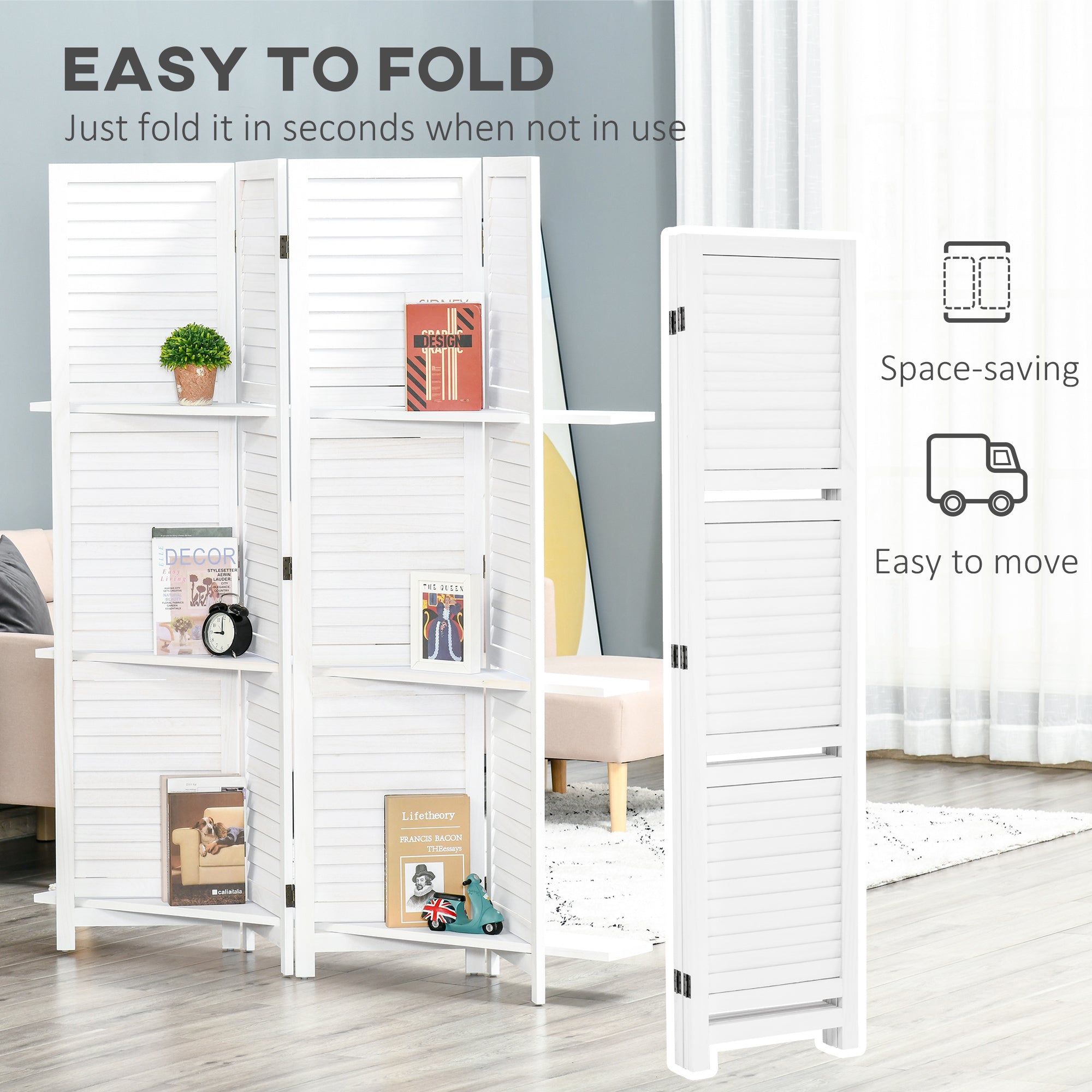 4 Panel 67" Tall Wood Privacy Screen Room Divider with 3 Shelves and Folding Storage for Bedroom, White