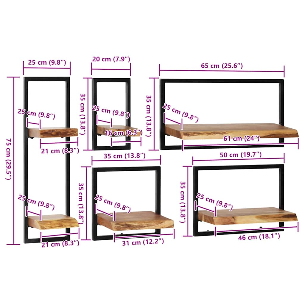 set di mensole da parete, 5 pezzi, legno massello di acacia e mensole da parete
