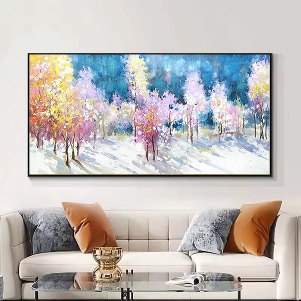 Handmade Oil Painting Canvas Wall Art Decoration Abstract Multi-Color Autumn Winter Forest Landscape Artwork For Home Living Room Decor Rolled Frameless Unstretched Painting