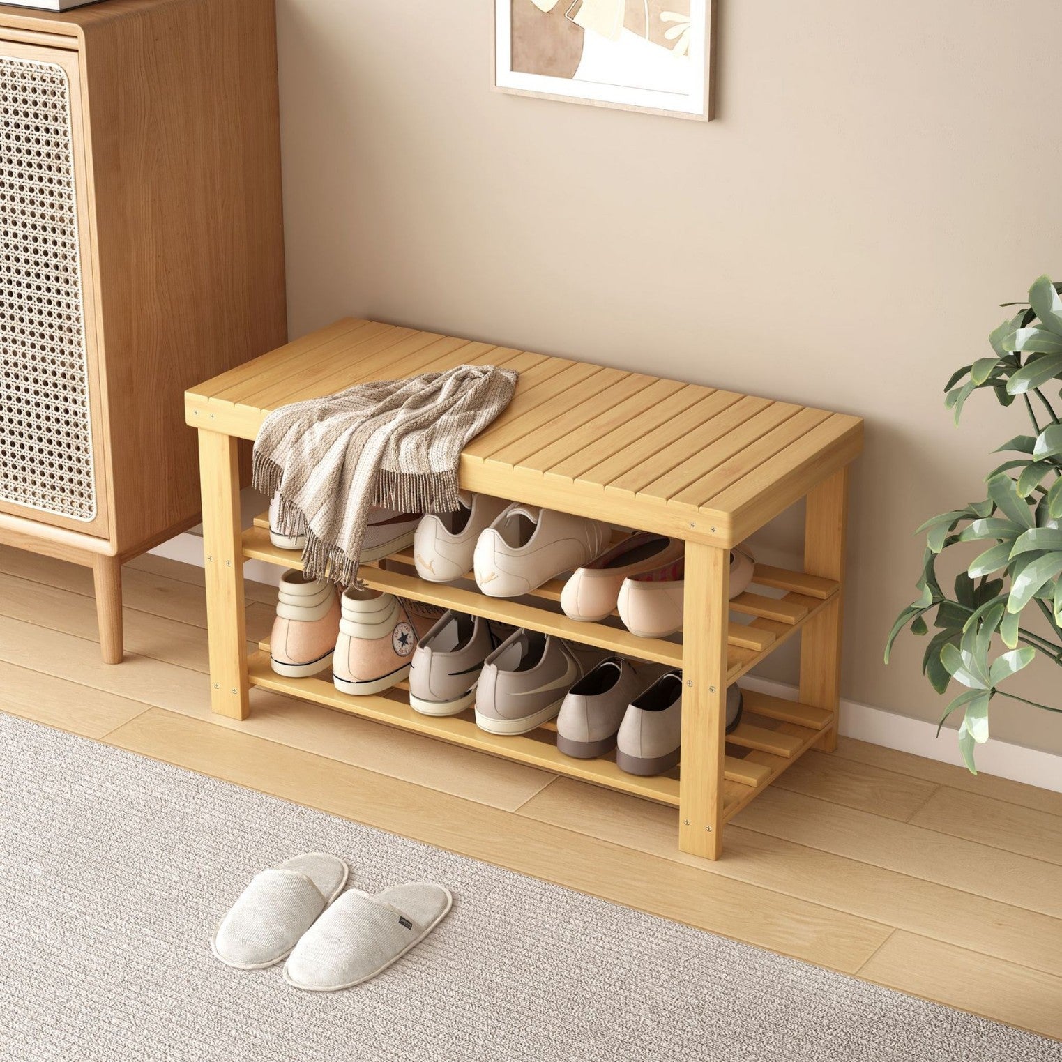 Shoe Changing Stool Door Home Sitting Shoe Cabinet Stool Integrated Shoe Rack Bamboo Bench