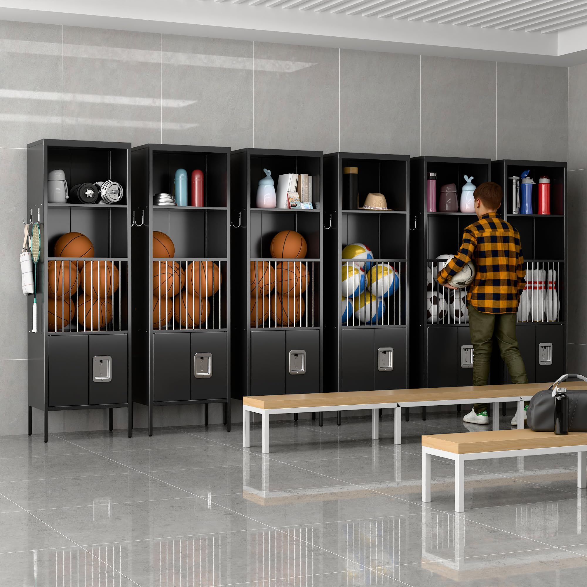 Armadietto portaoggetti in metallo Aobabo da 72 pollici di altezza per palestra, per riporre attrezzatura sportiva, palloni da calcio, palloni da rugby e da tennis, armadietto portaoggetti aperto con ganci per scuola, palestra, nero, montaggio richiesto