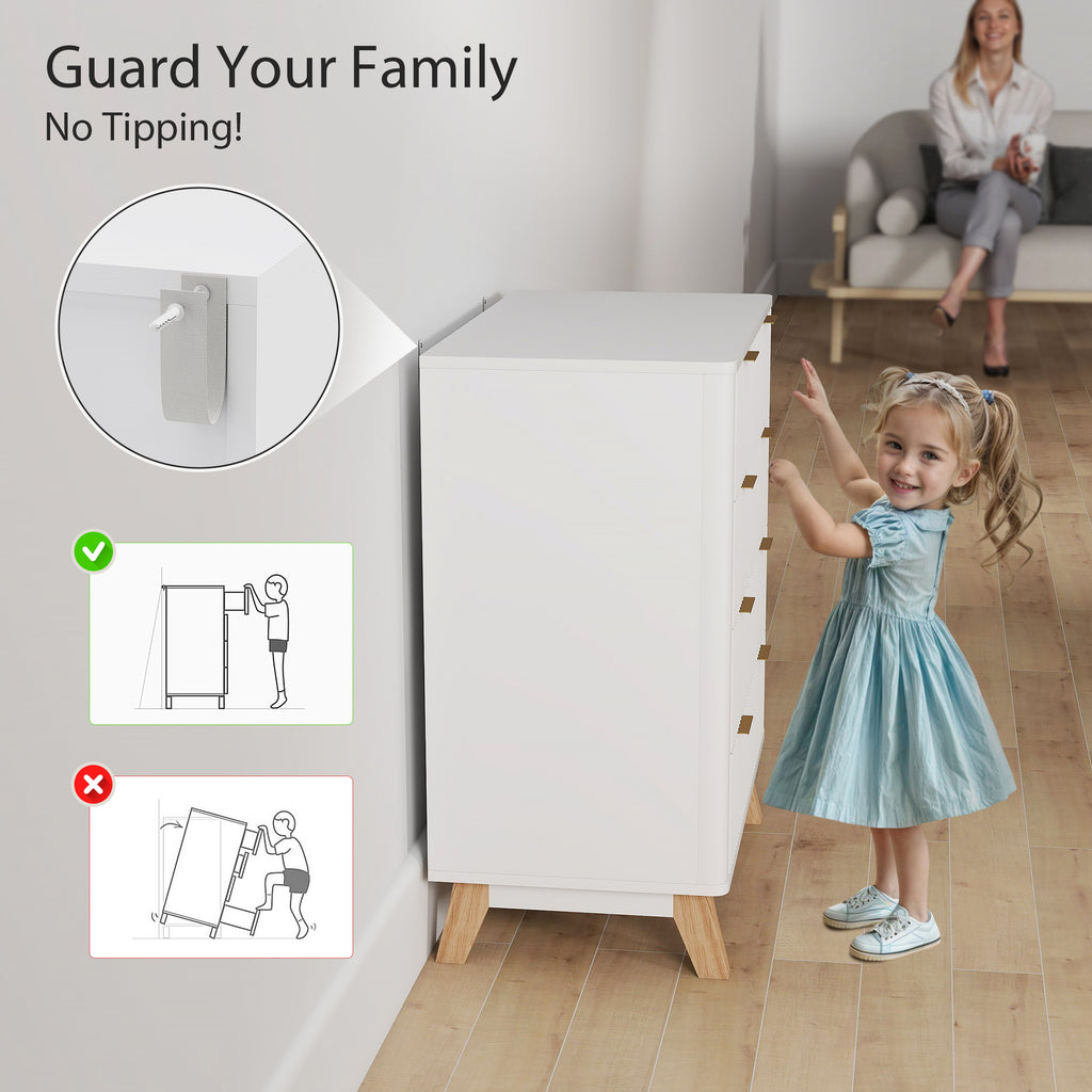 4 Drawer Double Dresser for Bedroom, Fluted Chest of Drawers with Gold Finger Pulls and 4 Wood Legs, White