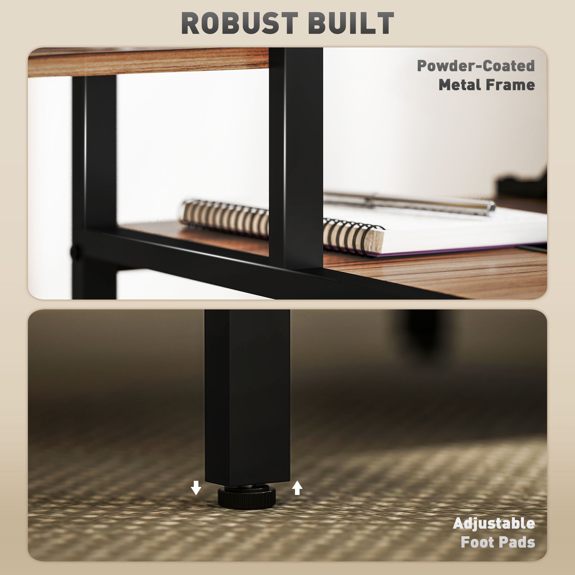 Scrivania per computer, scrivania per CPU da 67" con supporto per monitor, ripiano reversibile a 4 ripiani, scrivania industriale per sala studio, marrone