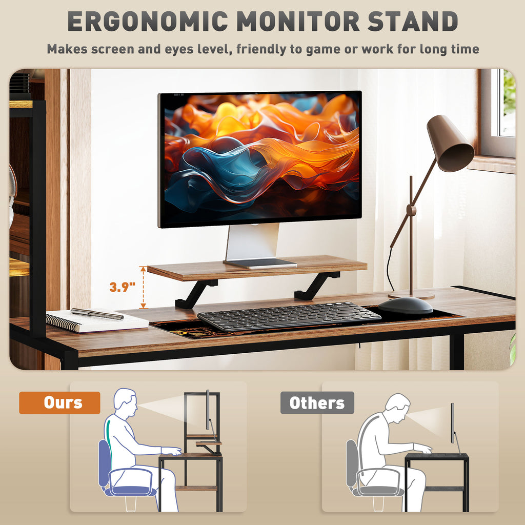 Scrivania per computer, scrivania per CPU da 67" con supporto per monitor, ripiano reversibile a 4 ripiani, scrivania industriale per sala studio, marrone