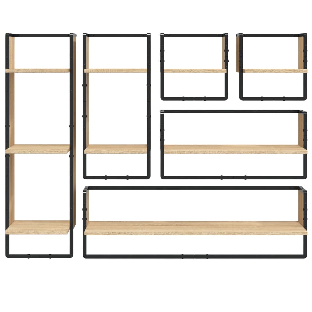 Set di 6 mensole da parete con aste, legno composito di rovere Sonoma