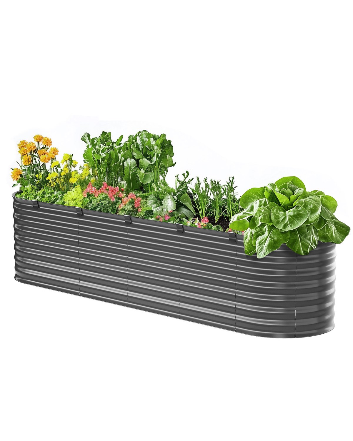 Hochbeet Aus Metall, 240x60x56cm, Verzinkter Pflanzkasten Außenbereich, Mit Offenem Boden, Pflanzbeet, Ovales Gemüsebeet Für Den Anbau Von Gemüse, Blumen, Kräutern und Sukkulenten, Dunkelgrau
