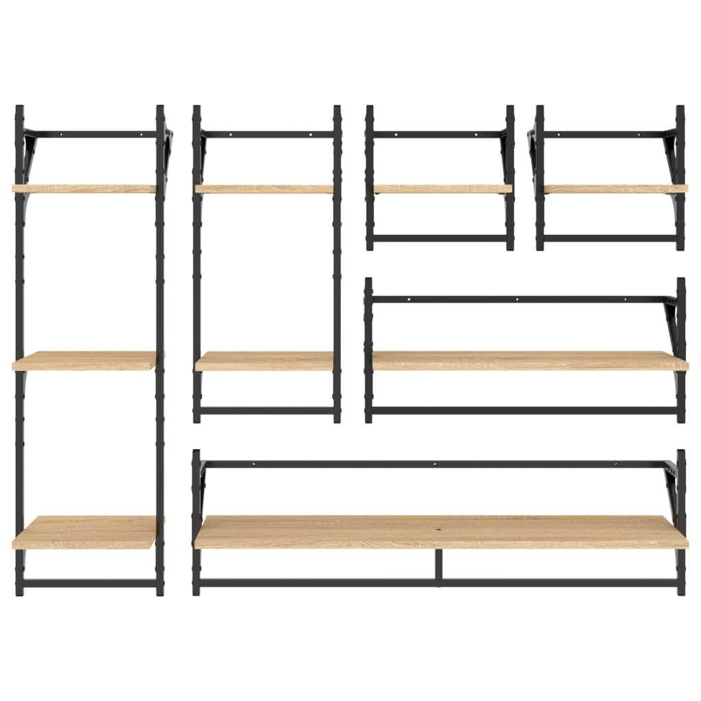 Set di 6 mensole da parete con aste, legno composito di rovere Sonoma
