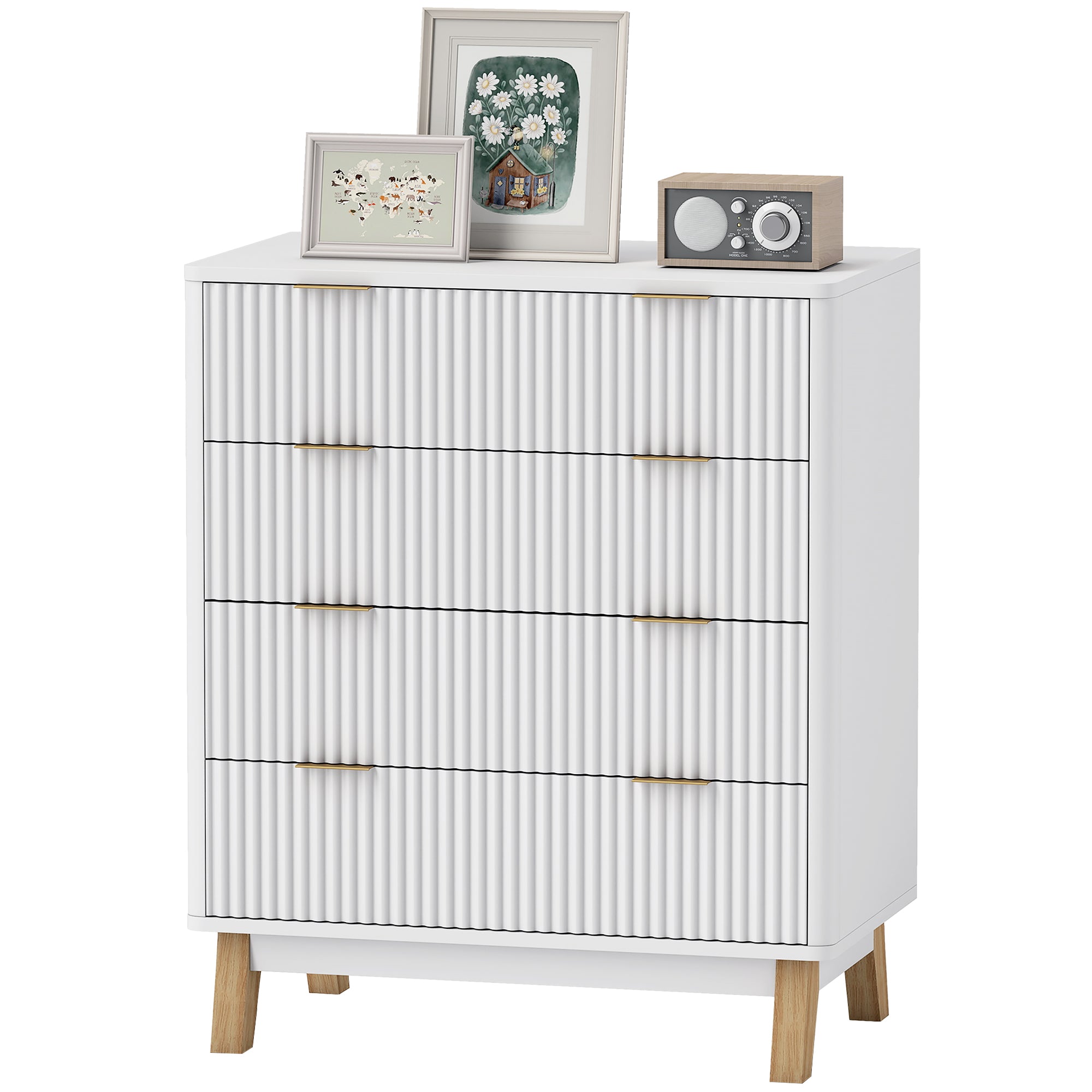 4 Drawer Double Dresser for Bedroom, Fluted Chest of Drawers with Gold Finger Pulls and 4 Wood Legs, White