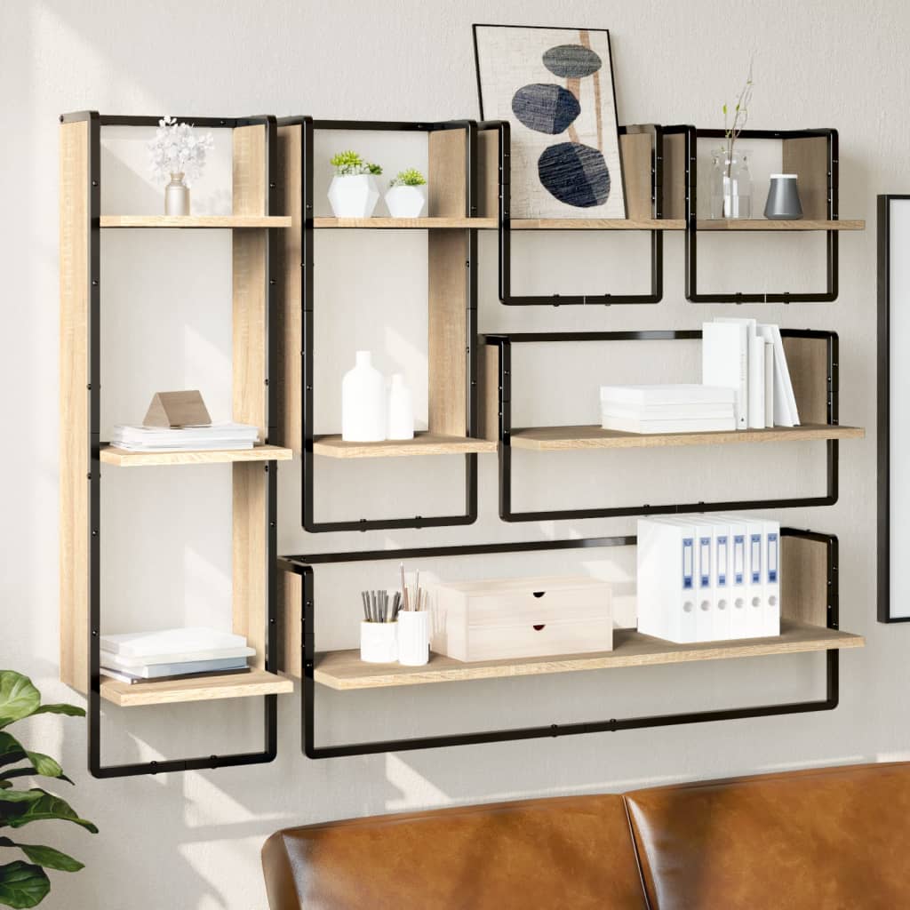 Set di 6 mensole da parete con aste, legno composito di rovere Sonoma