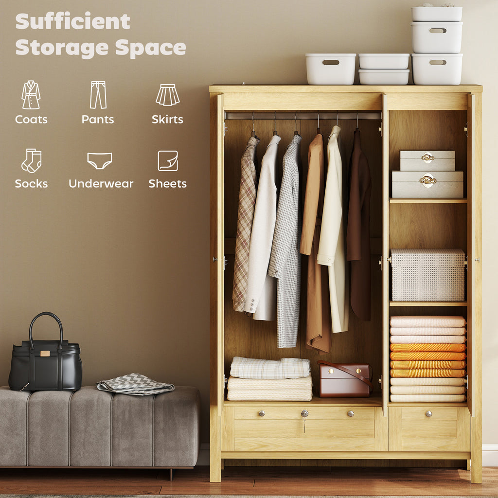 3 Doors Wardrobe Closet with 2 Drawers, Bedroom Armoire with Lockable Drawer, Hanging Rod and Storage Shelves, Natural