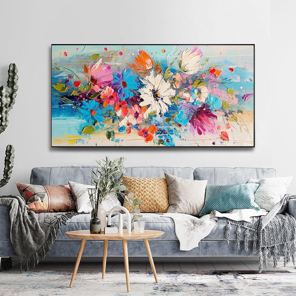 Beautiful Colorful Spring Flowers Knife Thick Oil Painting Handpainted Large Blue Florals Canvas Wall Art Modern Artwork Decor