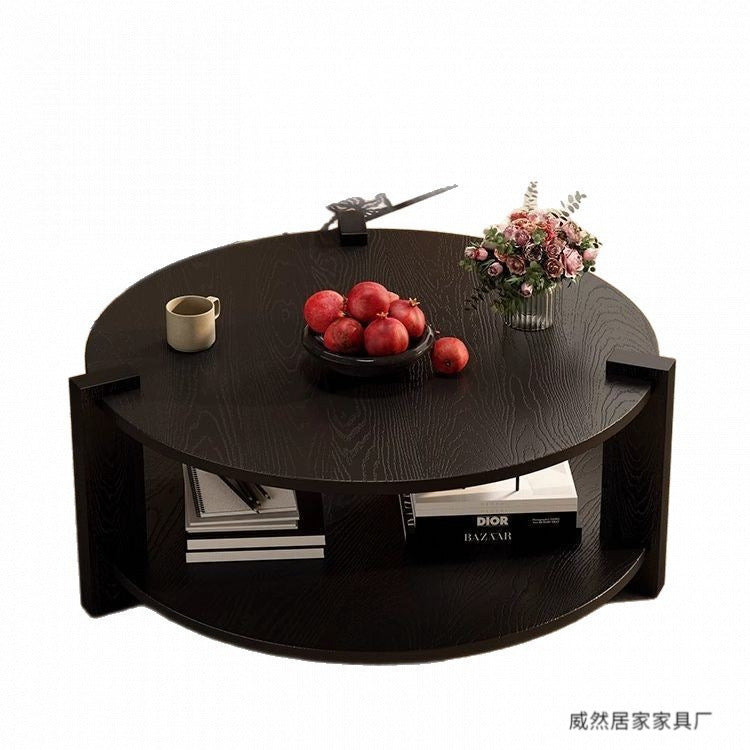 Tavolino da caffè circolare piccolo in legno massello color noce nero in stile antico medio