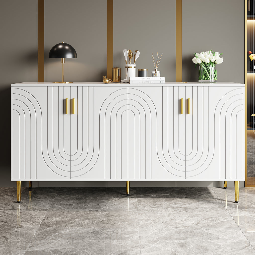 Credenza bianca 152 x 40 x 75 cm con esclusivo design ondulato e maniglie e piedini dorati, per creare un'elegante zona pranzo