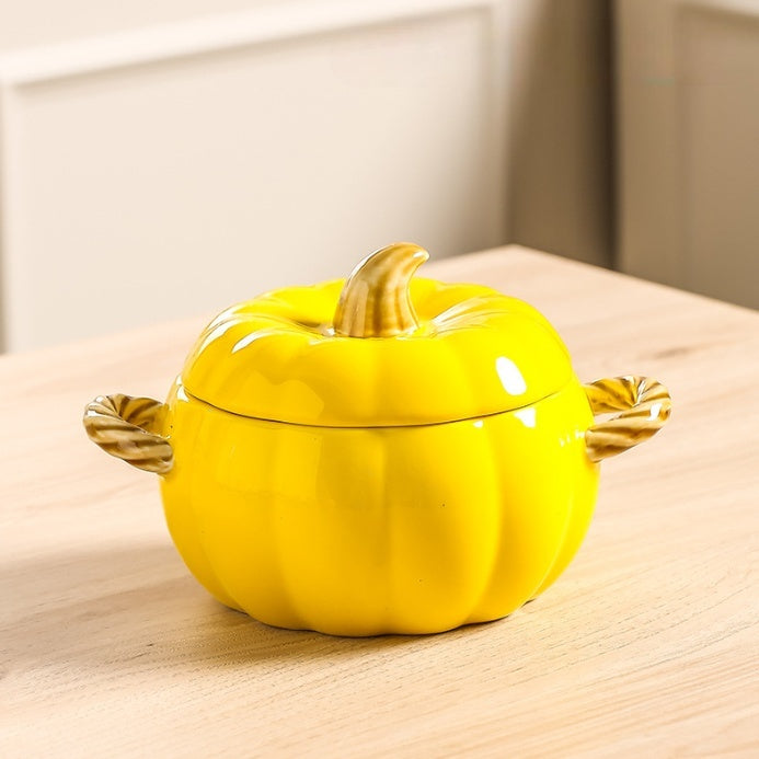 Pumpkin-shaped Binaural Ceramic Soup Bowl With Lid