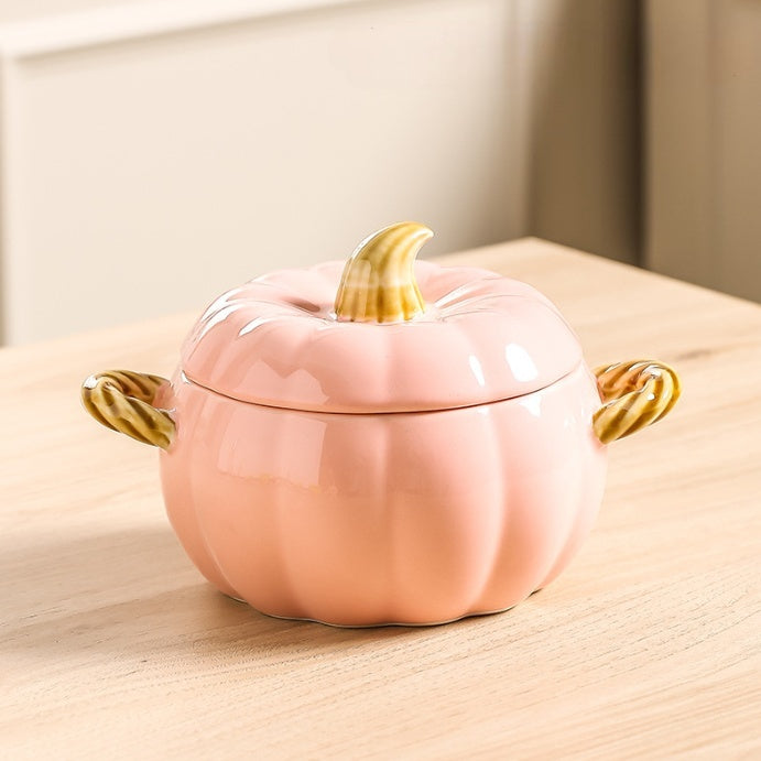 Pumpkin-shaped Binaural Ceramic Soup Bowl With Lid