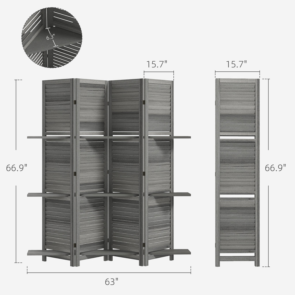 Schermo divisorio per la privacy in legno a 4 pannelli, alto 67", con 3 ripiani e contenitore pieghevole per camera da letto, grigio