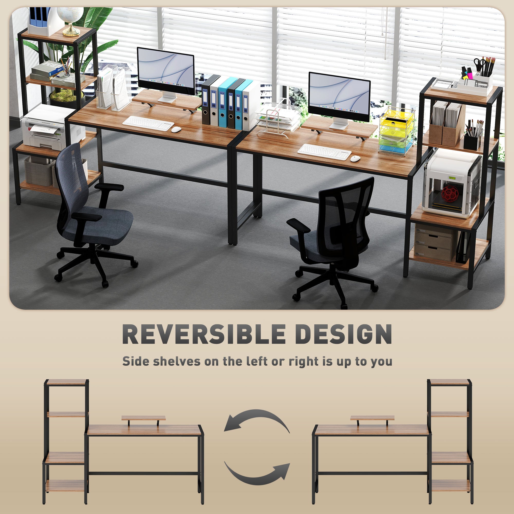 Scrivania per computer, scrivania per CPU da 67" con supporto per monitor, ripiano reversibile a 4 ripiani, scrivania industriale per sala studio, marrone