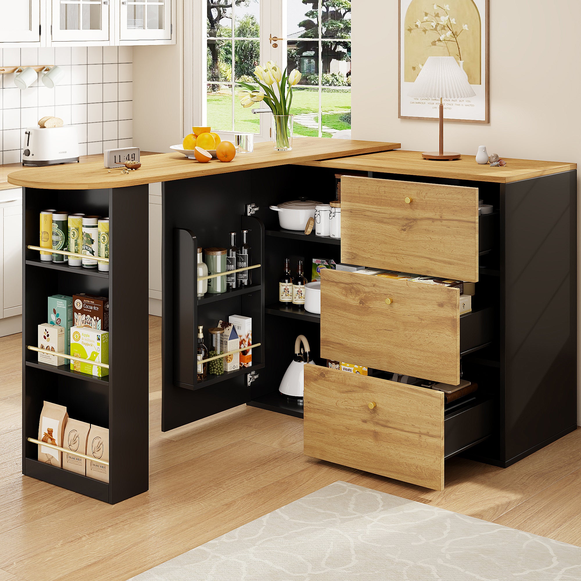 Tavolo da bar estensibile con spazio di archiviazione 138-204 x 39 x 104 cm, tavolo da pranzo girevole a 360°, tavolo da bar mobile moderno, tavolo da bistrot con isola da cucina e tavolo alto, credenza con finitura effetto legno