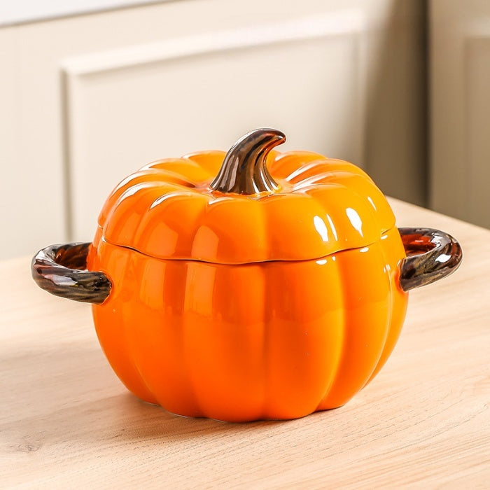 Pumpkin-shaped Binaural Ceramic Soup Bowl With Lid