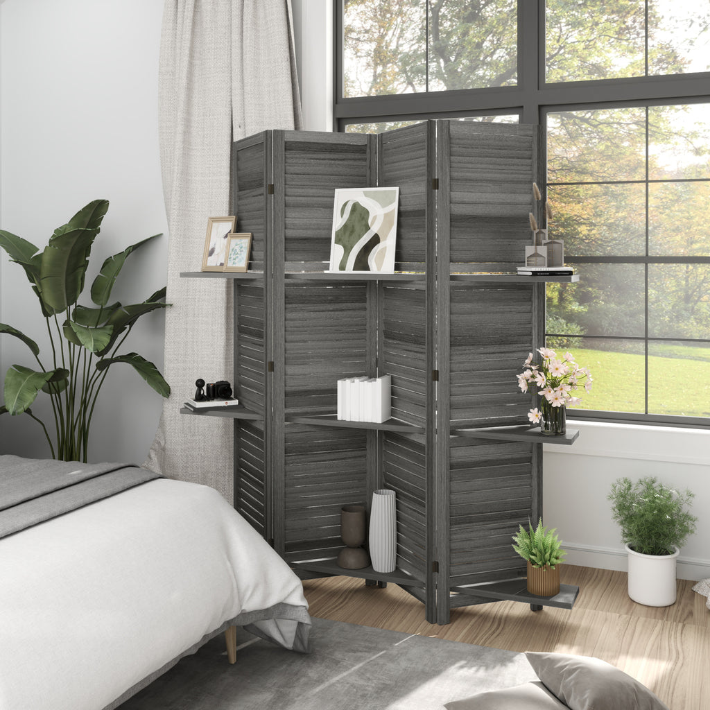 Schermo divisorio per la privacy in legno a 4 pannelli, alto 67", con 3 ripiani e contenitore pieghevole per camera da letto, grigio