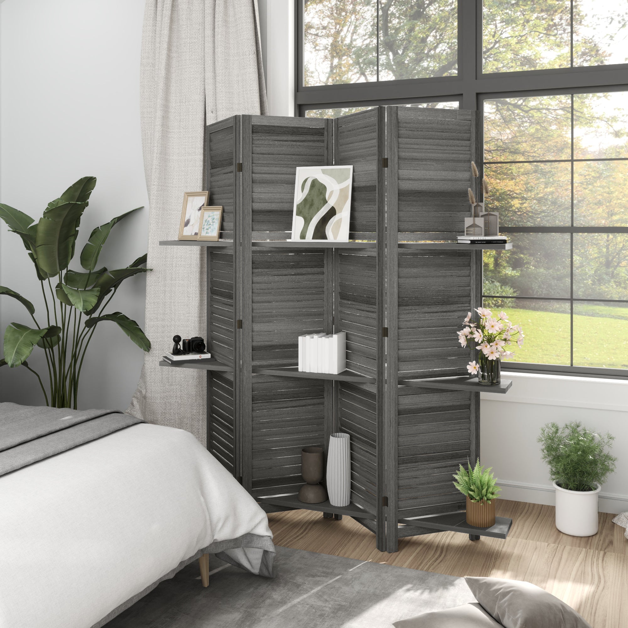 Schermo divisorio per la privacy in legno a 4 pannelli, alto 67", con 3 ripiani e contenitore pieghevole per camera da letto, grigio