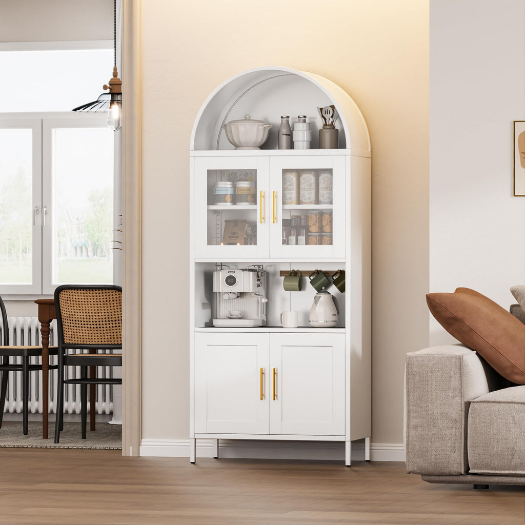 Mobiletto ad arco in metallo alto 73 pollici, mobile dispensa da cucina con anta in vetro, libreria ad arco moderna in stile fattoria con 2 ripiani regolabili per soggiorno, bianco, montaggio richiesto