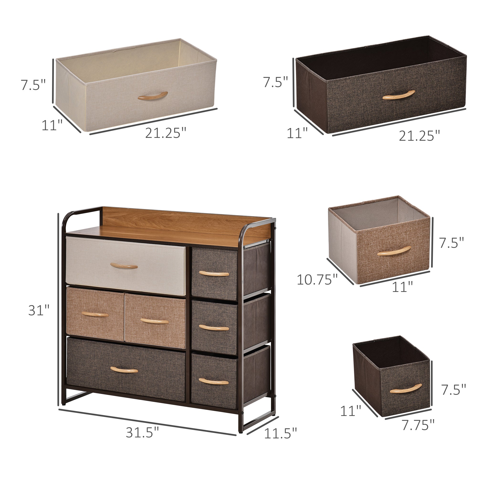 3-Tier Storage Organizer for Bedroom Entryway, 7-Drawer Dresser with Steel Frame for Bedroom, Maple Wood