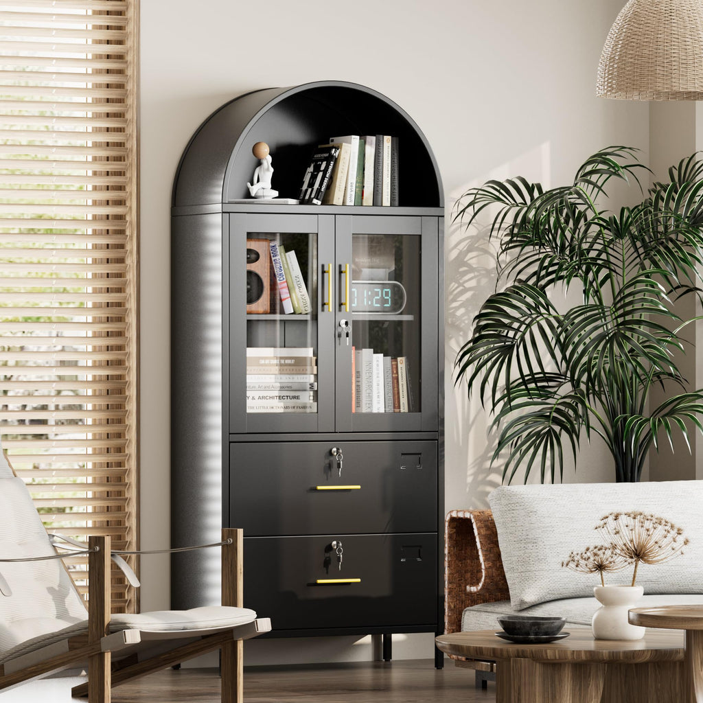 Mobiletto portadocumenti ad arco in metallo da 73 pollici di altezza, libreria ad arco nera con ante in vetro con serratura e cassetti, mobiletto portadocumenti per ufficio domestico, montaggio richiesto, nero
