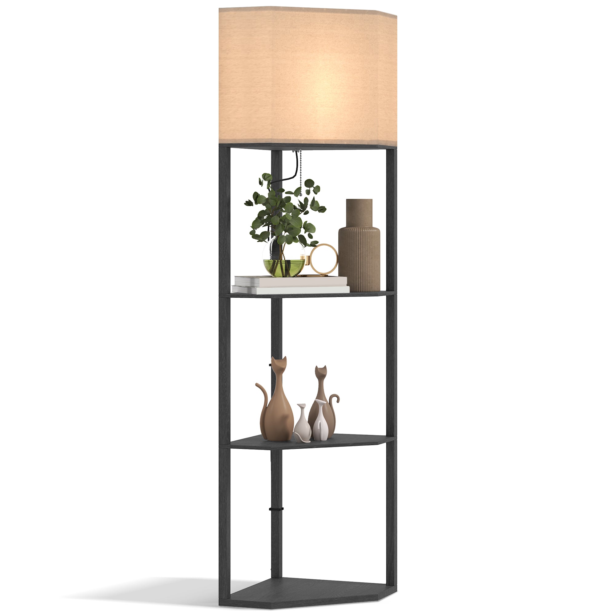 Corner Floor Lamp With Shelves, Modern Tall Standing Lamp With Chain Switch For Living Room, Bedroom, Bulb Not Included, Black
