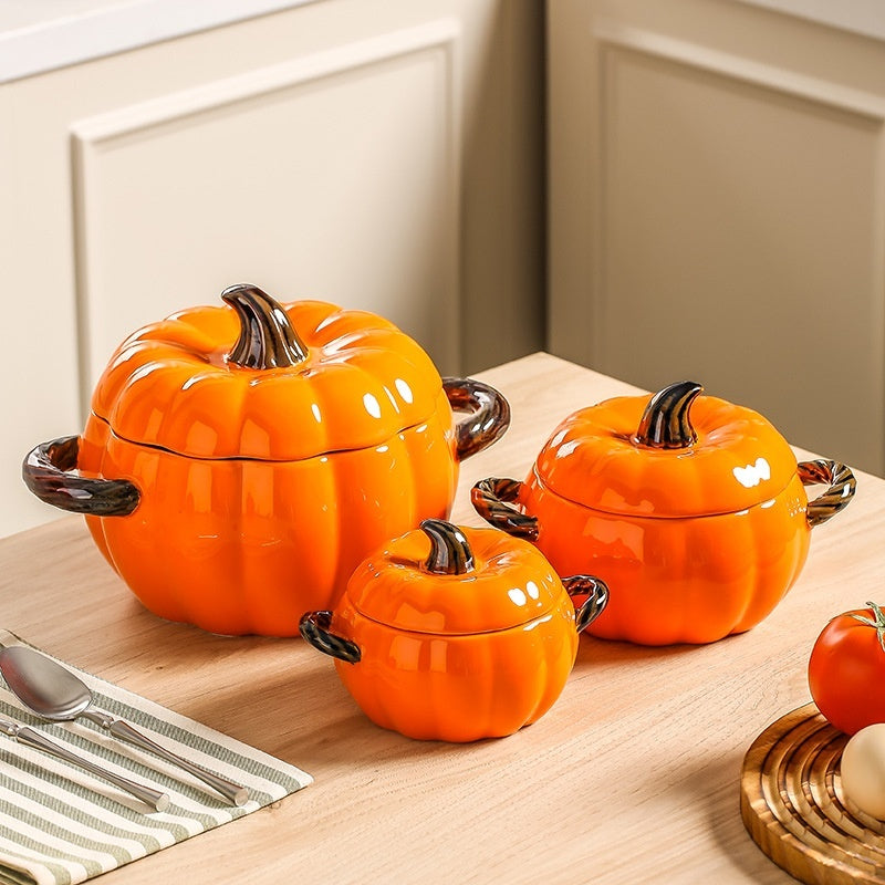 Pumpkin-shaped Binaural Ceramic Soup Bowl With Lid